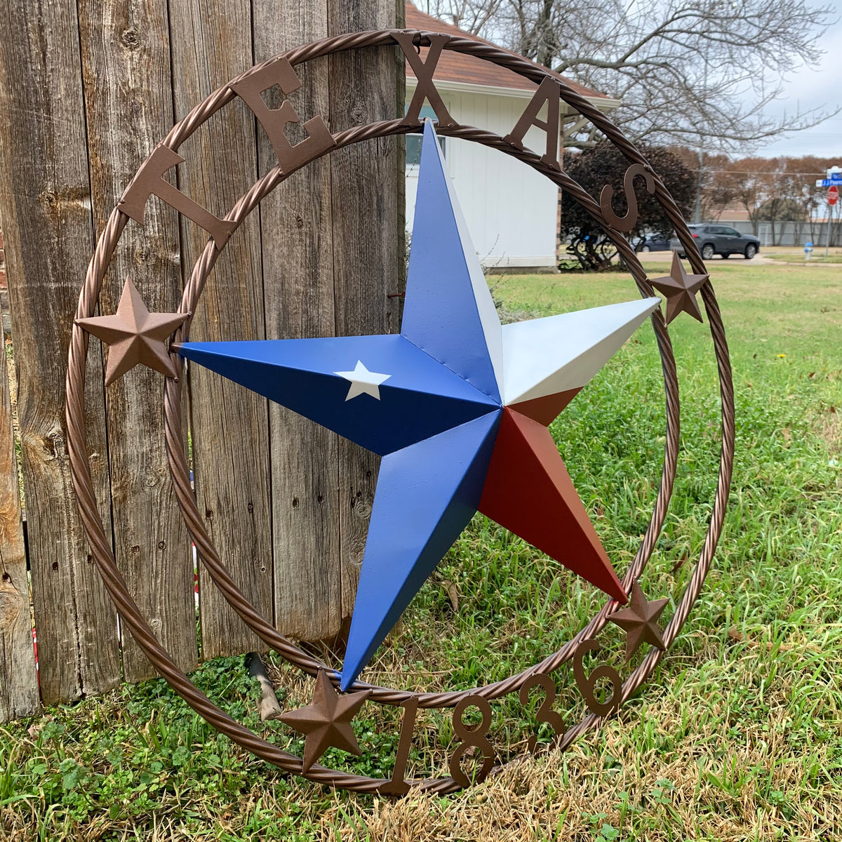 TEXAS 1836  FLAG STAR RED WHITE BLUE BARN STAR TWISTED ROPE RING BRONZE WESTERN HOME DECOR  #EH10958