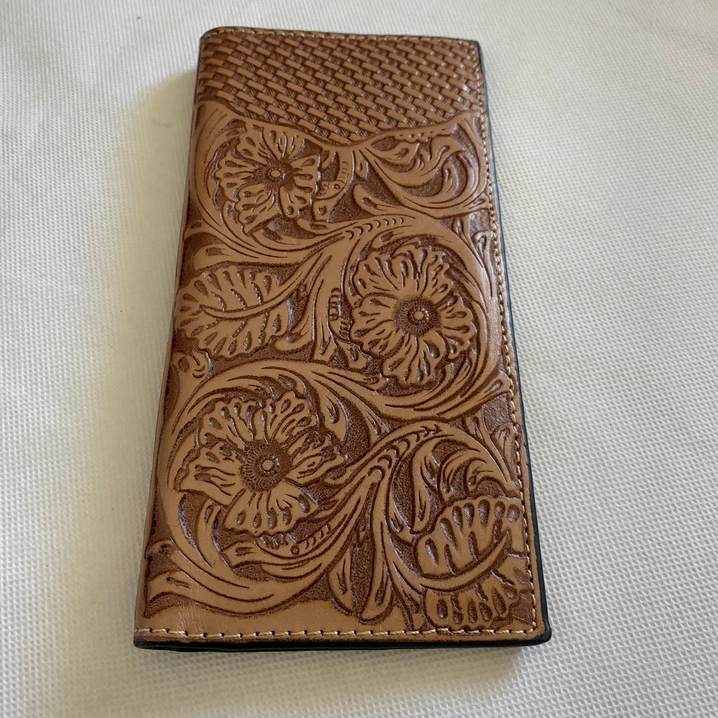 WESTERN CHECKBOOK BI FOLD WALLET or MEN'S WALLET GENUINE LEATHER LIGHT BROWN FRONT FLORAL EMBOSSED NEW