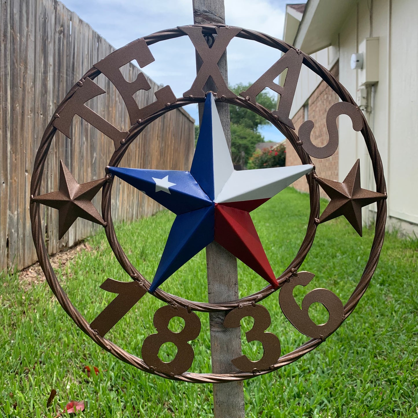 16" TEXAS 1836 RED WHITE BLUE TEXAS FLAG STAR BRONZE RING METAL BARN STAR WESTERN HOME DECOR HANDMADE NEW ART