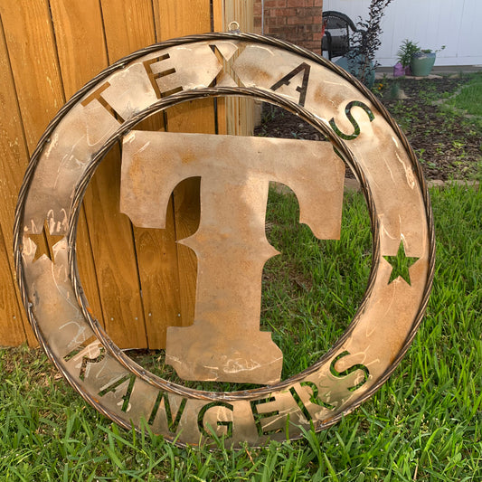12", 18", 24", 32" TEXAS RANGERS CUSTOM RAW METAL VINTAGE CRAFT TEAM SIGN WIDE BAND RING DISC HANDMADE