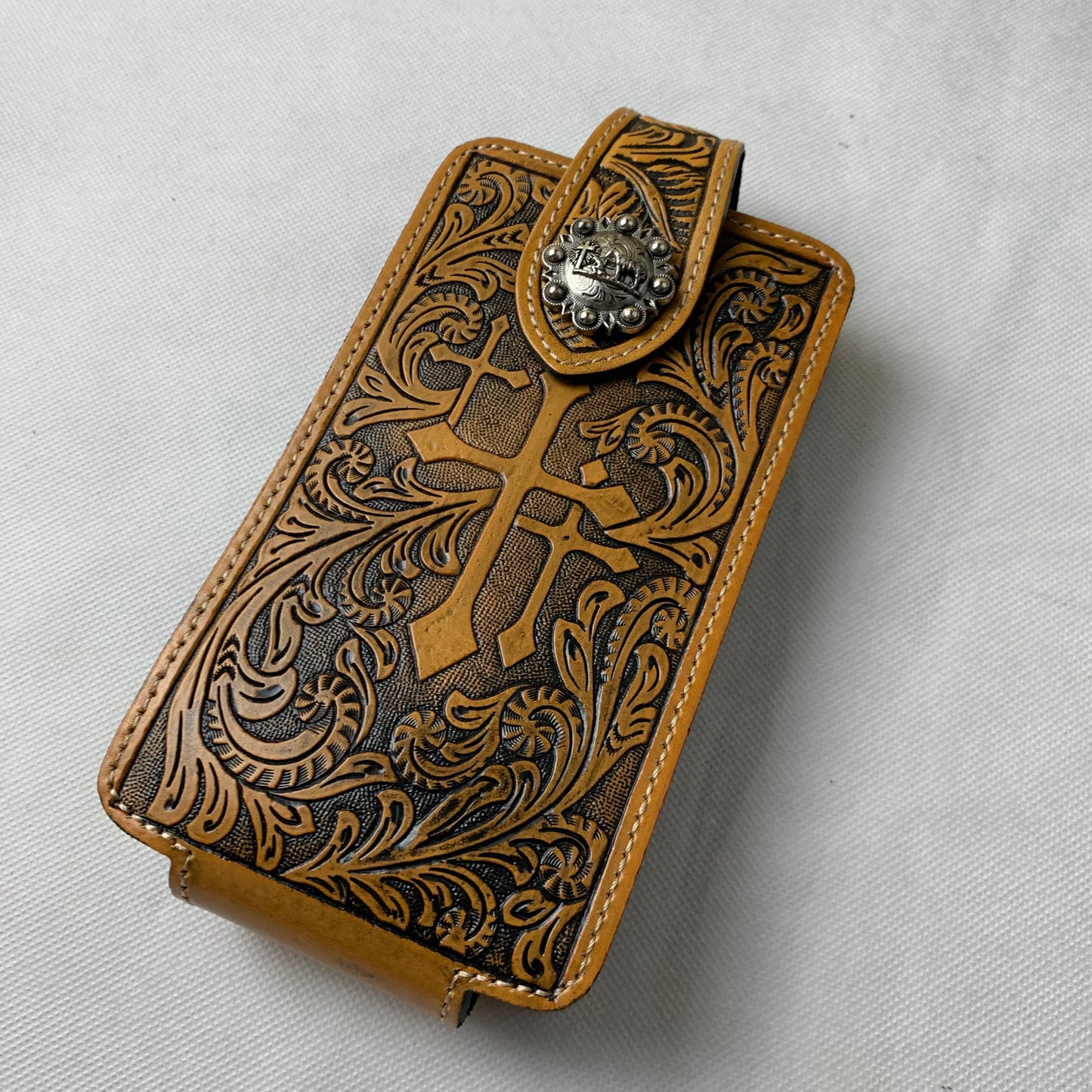 7" COWBOY PRAYER CROSS TAN BROWN  LEATHER POUCH EXTRA LARGE  BELT LOOP HOLSTER CELL PHONE CASE UNIVERSAL OVERSIZE #EH12968