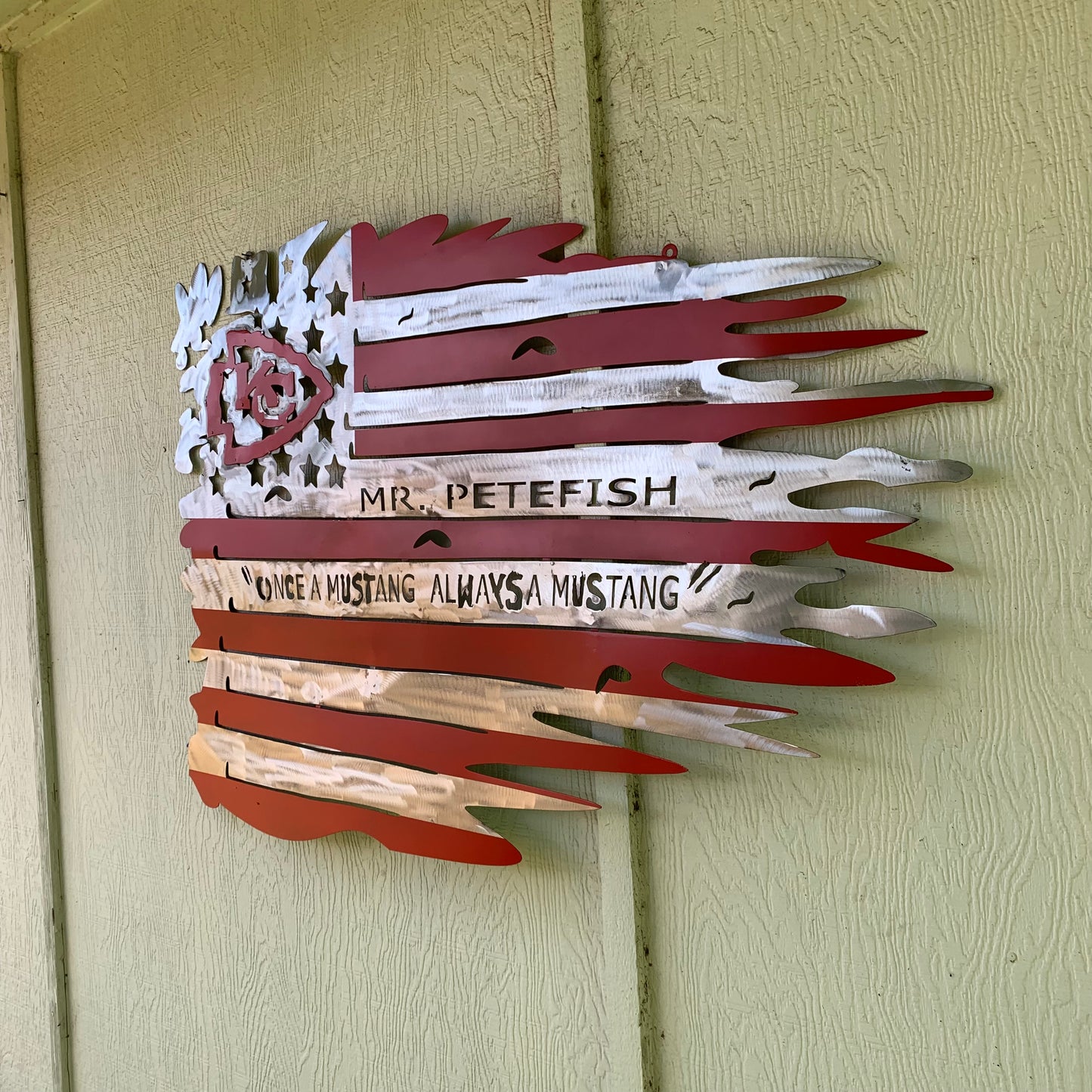 CUSTOM NAME KANSAS CITY CHIEFS METAL TATTERED FLAG CUSTOM VINTAGE CRAFT WALL ART HANDMADE