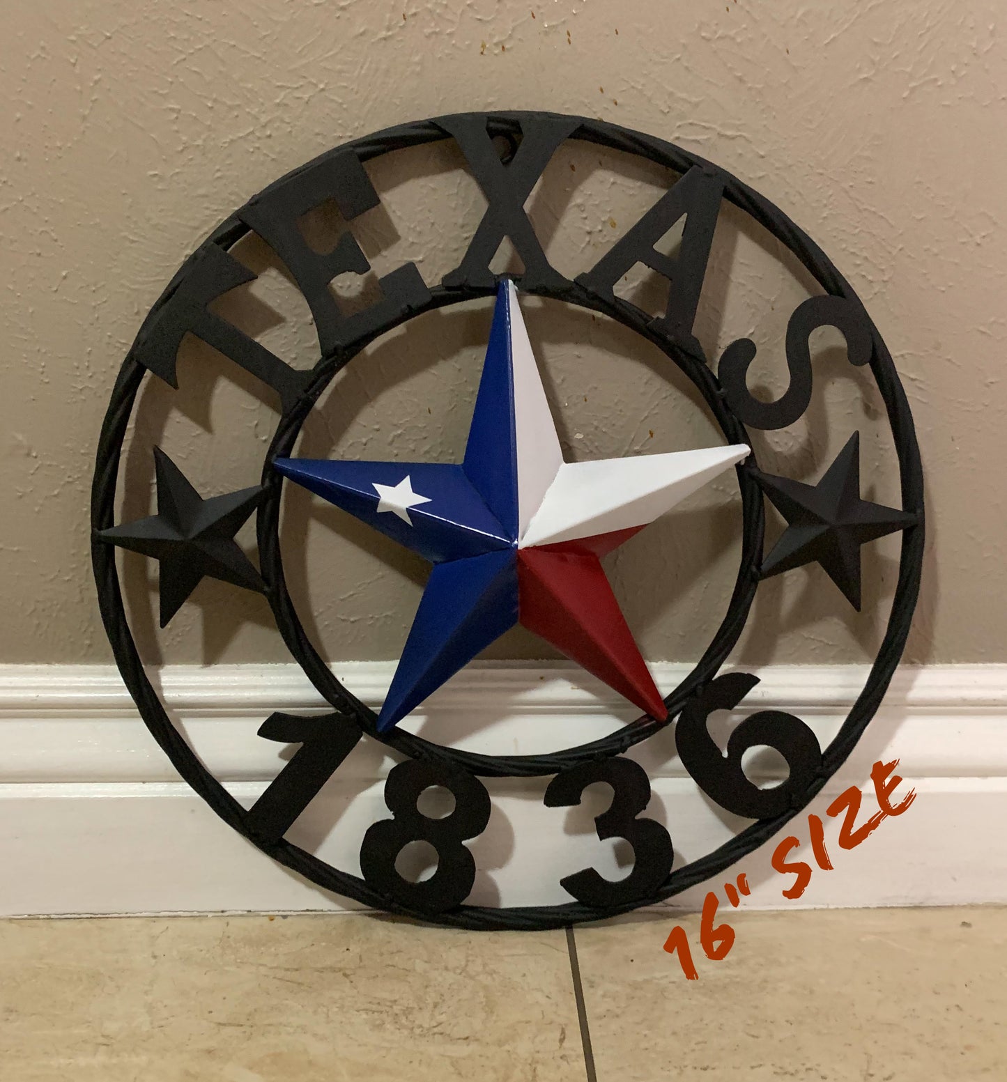 16" TEXAS 1836 RED WHITE BLUE TEXAS FLAG STAR & BLACK RING BARN STAR METAL WALL WESTERN HOME DECOR HANDMADE NEW ART