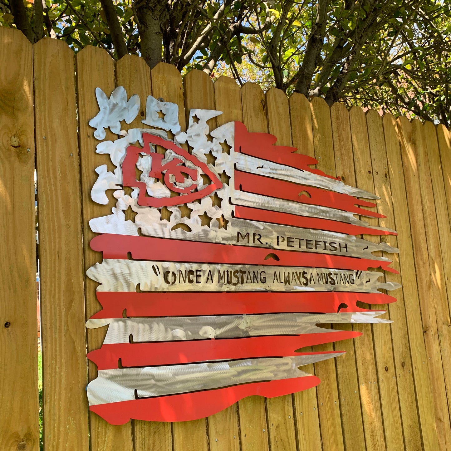CUSTOM NAME KANSAS CITY CHIEFS METAL TATTERED FLAG CUSTOM VINTAGE CRAFT WALL ART HANDMADE