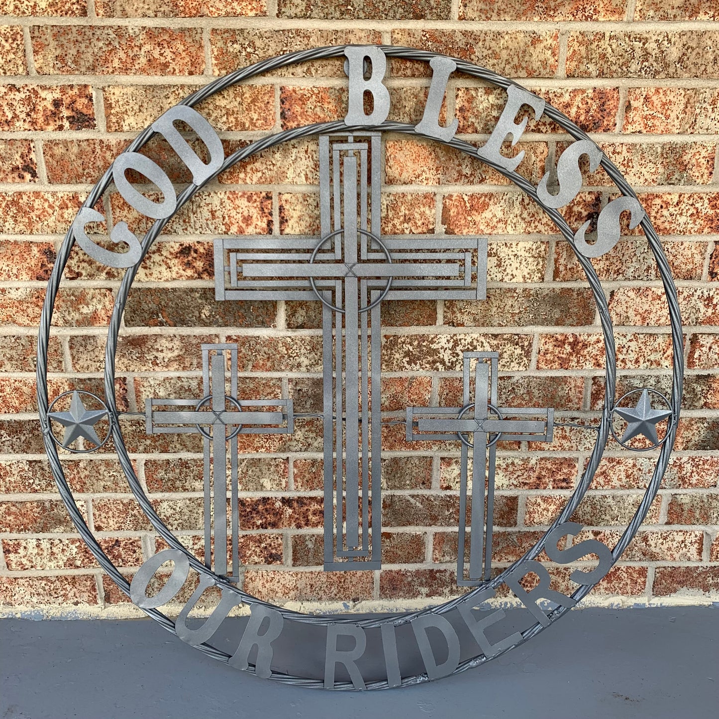 40"GOD BLESS OUR RIDERS CRUCIFIX GREY CROSS METAL WALL ART HANDMADE