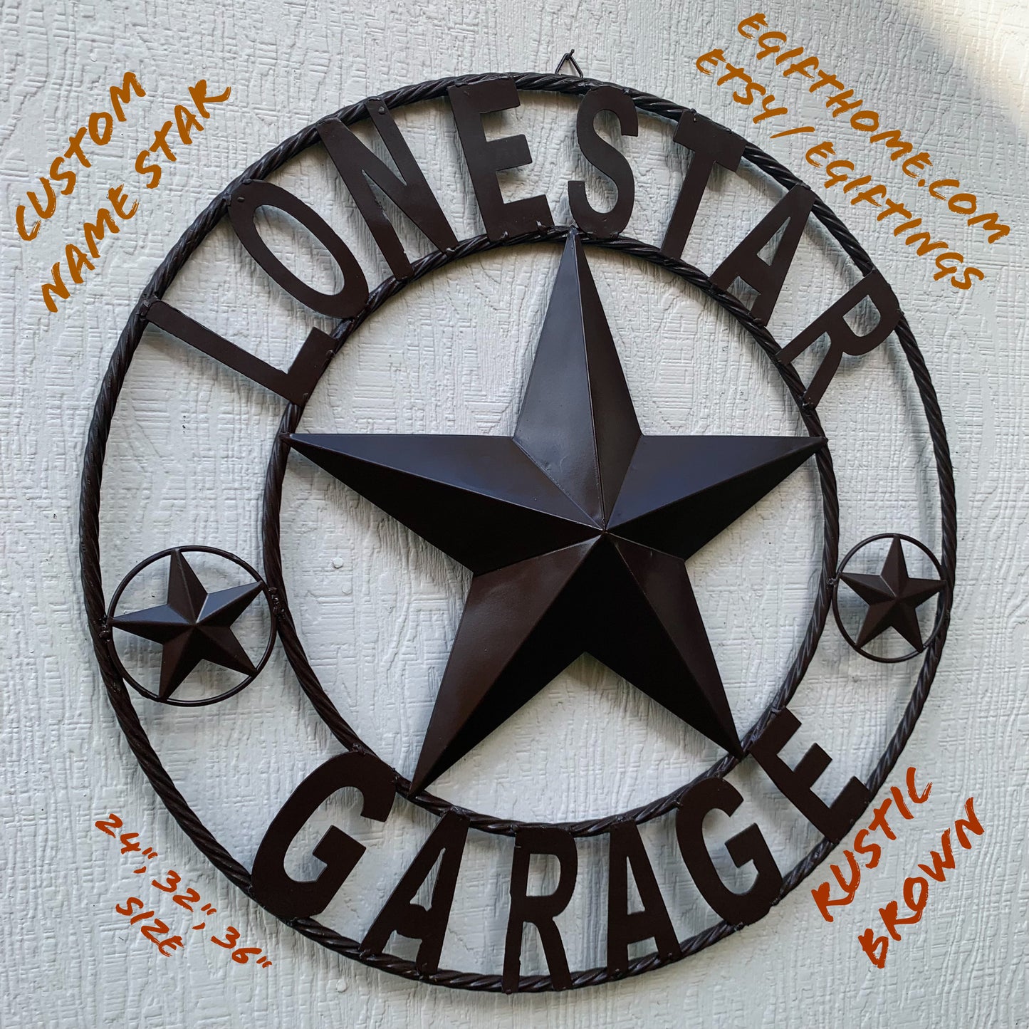 LONESTAR GARAGE STYLE CUSTOM BARN NAME STAR LONESTAR GARAGE METAL NAME BARN STAR WITH TWISTED ROPE RING 3d STAR ART WESTERN HOME DECOR RUSTIC BROWN