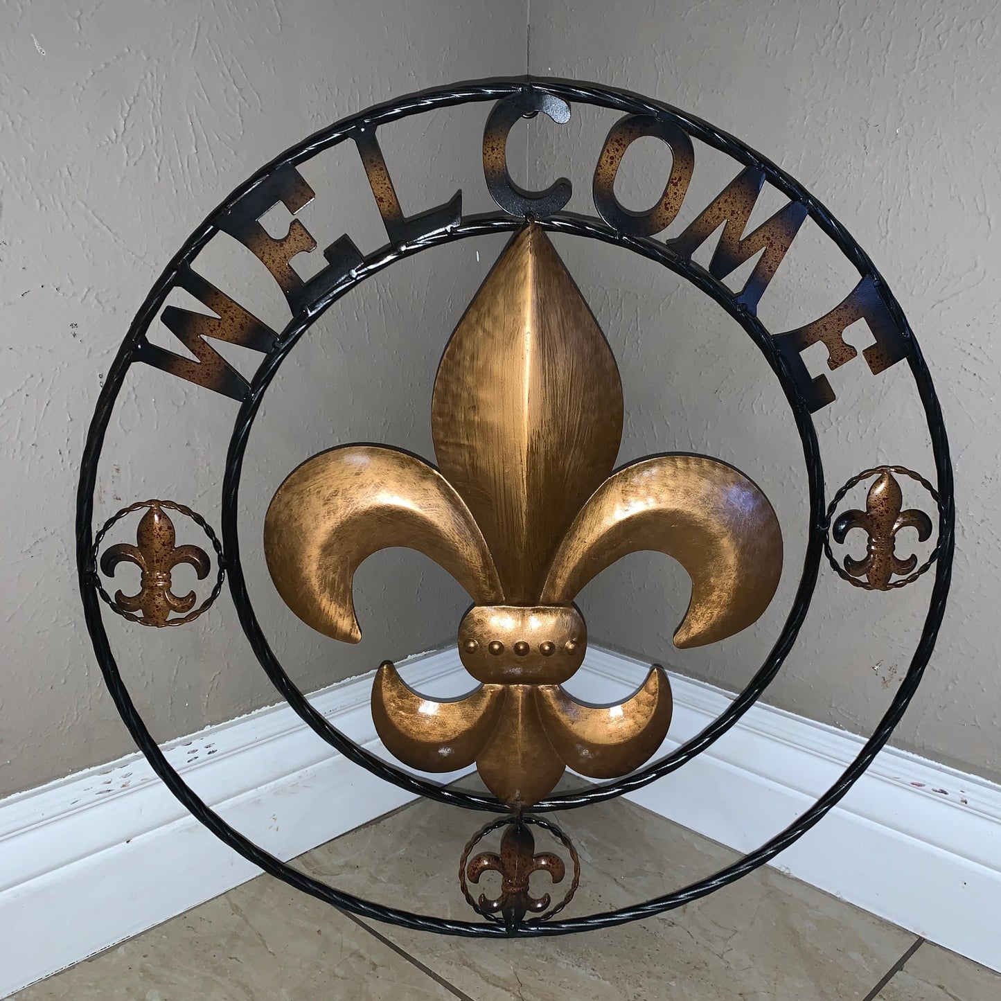 24", 32" WELCOME FLEUR DE LIS METAL WALL ART WESTERN HOME DECOR GOLD & BLACK #EH10251
