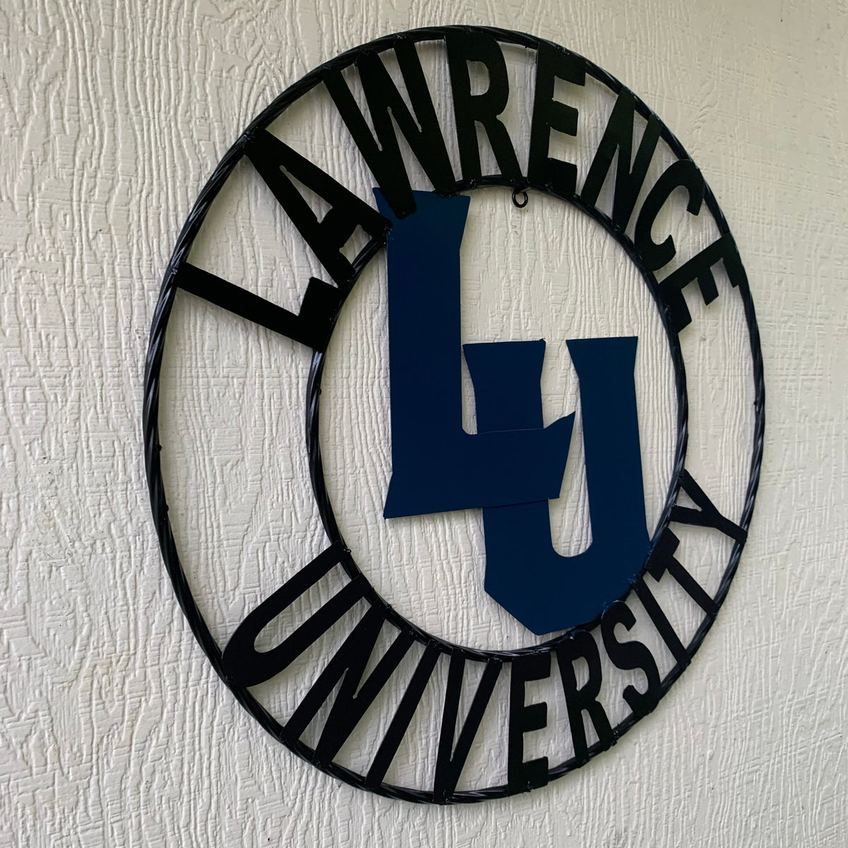 LAWRENCE UNIVERSITY METAL CUSTOM VINTAGE CRAFT WALL ART RUSTIC BLUE & BLACK TEAM SIGN HANDMADE
