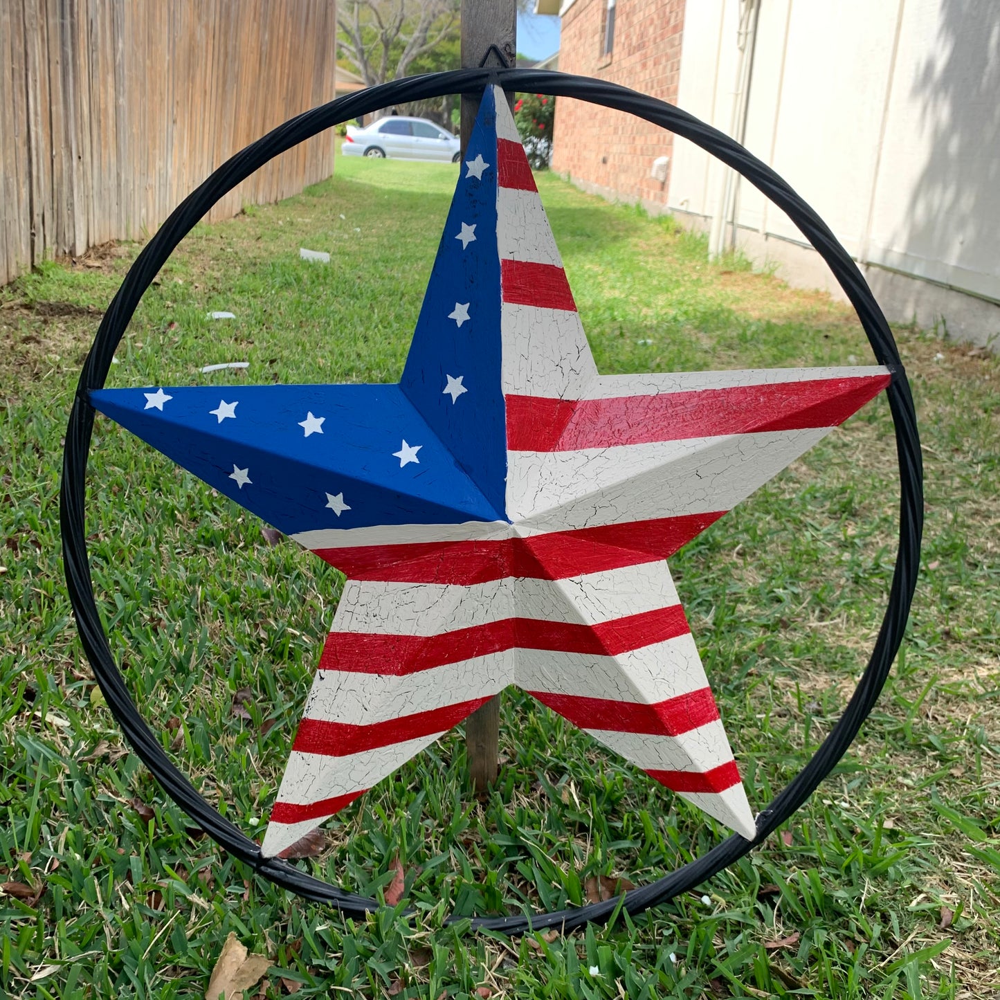 24" AMERICAN USA FLAG CRACKLE STAR METAL WALL ART WESTERN HOME DECOR HANDMADE NEW