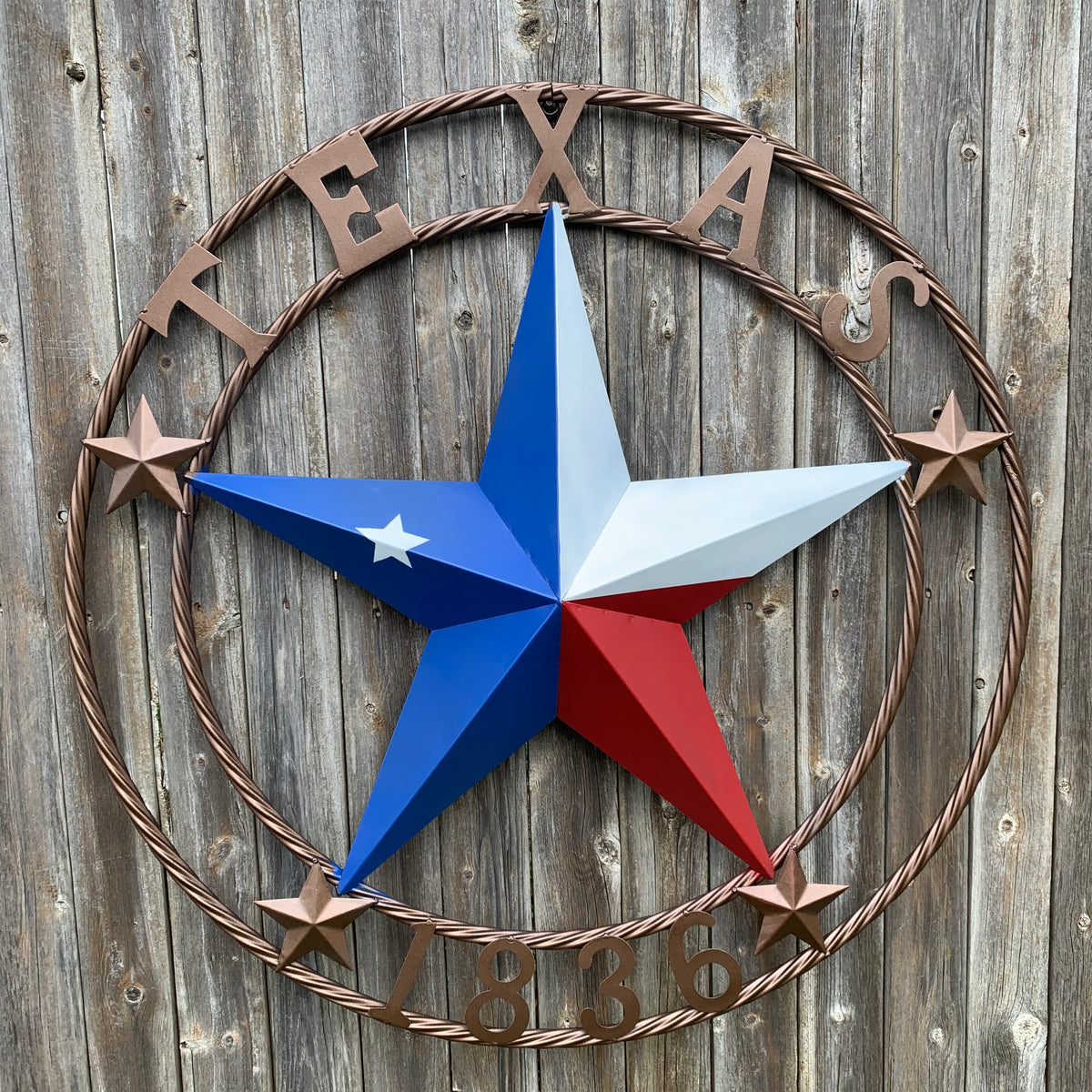 TEXAS 1836  FLAG STAR RED WHITE BLUE BARN STAR TWISTED ROPE RING BRONZE WESTERN HOME DECOR  #EH10958