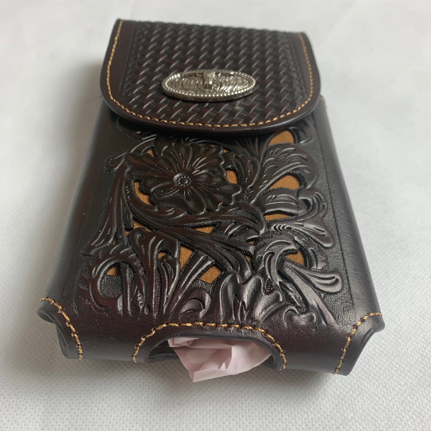 #LG2002 7.5" LONGHORN COFFEE BROWN & BEIGE  LEATHER POUCH EXTRA LARGE  BELT LOOP HOLSTER CELL PHONE CASE UNIVERSAL OVERSIZE