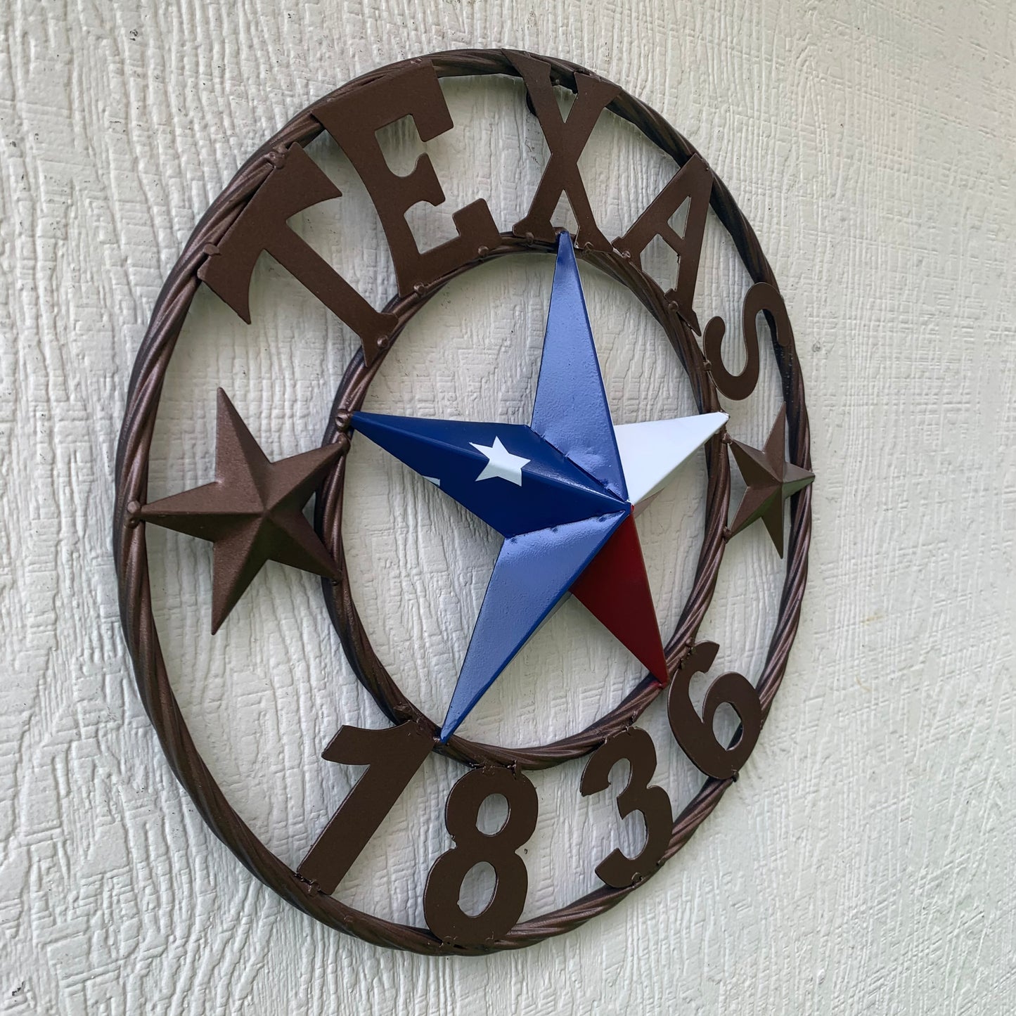 16" TEXAS 1836 RED WHITE BLUE TEXAS FLAG STAR BRONZE RING METAL BARN STAR WESTERN HOME DECOR HANDMADE NEW ART