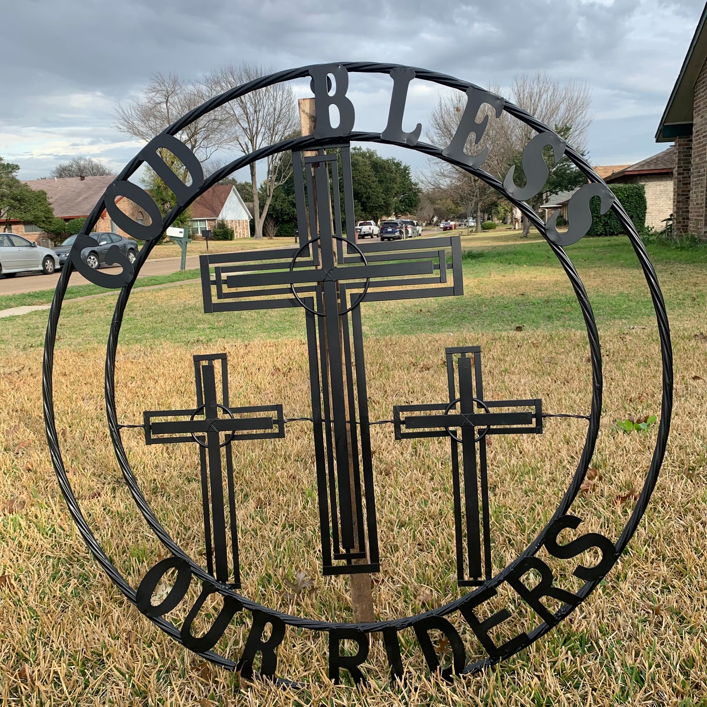 40"GOD BLESS OUR RIDERS CRUCIFIX BLACK CROSS METAL WALL ART HANDMADE