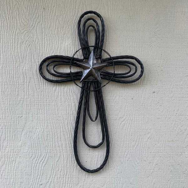 #EH80002 STAR WROUGHT IRON METAL CROSS WALL ART DARK SILVER GREY WESTERN HOME DECOR HANDMADE