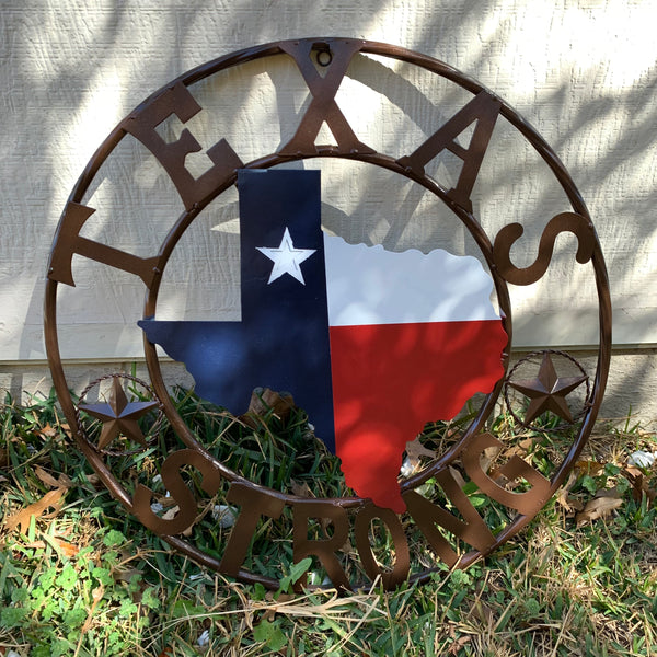 TEXAS STRONG SIGN METAL WALL ART WESTERN HOME DECOR RED WHITE BLUE WITH BRONZE RING HANDMADE #EH13212