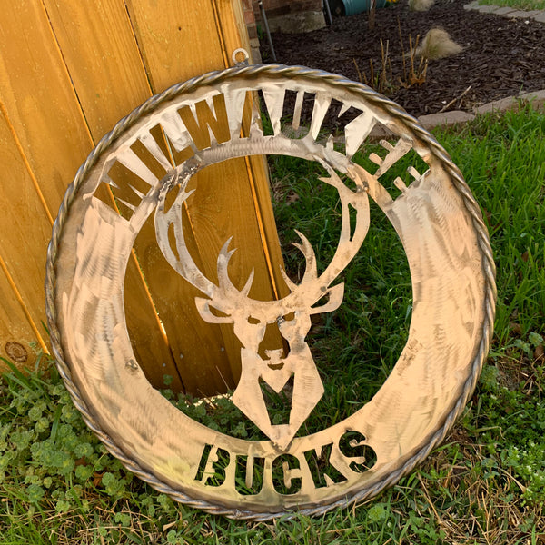 24" MILWAUKEE BUCKS RAW METAL WIDE BAND DISC STYLE METAL CUSTOM VINTAGE CRAFT TEAM SPORTS SIGN HANDMADE