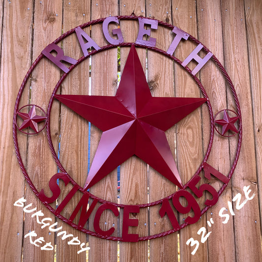 RAGETH STYLE YOUR CUSTOM STAR METAL NAME RUSTIC BURGUNDY RED PHILLIPS CUSTOM 3d STAR METAL NAME BARN STAR TWISTED ROPE RING DESIGN METAL WALL ART HOME DECOR ANY SIZE