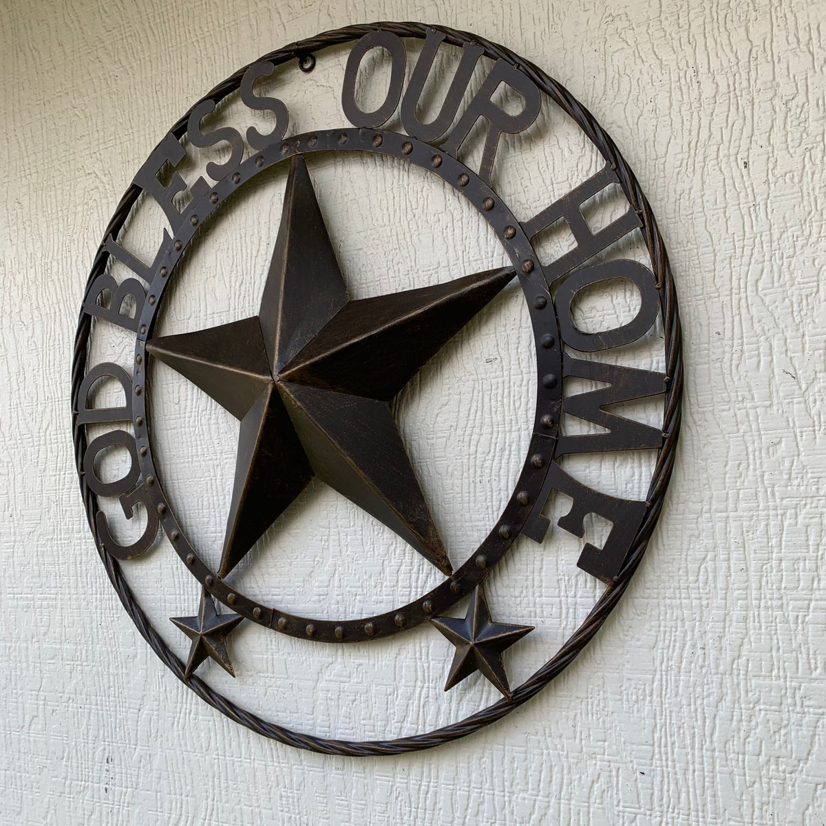 24" GOD BLESS OUR HOME BEADED STAR COLIBROX METAL TWISTED ROPE RING LONE STAR WALL ART WESTERN HOME DECOR RUSTIC DARK BRONZE COPPER HANDMADE NEW