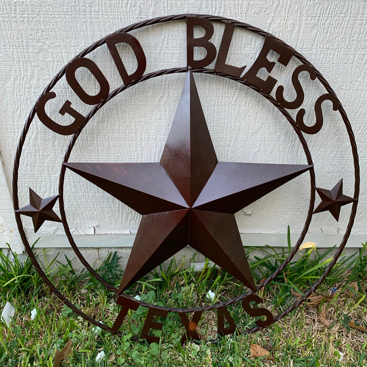 GOD BLESS TEXAS BROWN BARN STAR METAL LONE STAR TWISTED ROPE RING WESTERN HOME DECOR HANDMADE NEW #EH11085