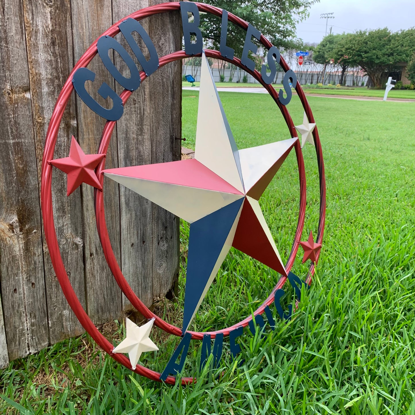 #EH10489 GOD BLESS AMERICA USA FLAG BARN STAR METAL RED WHITE BLUE WESTER HOME DECOR HANDMADE NEW