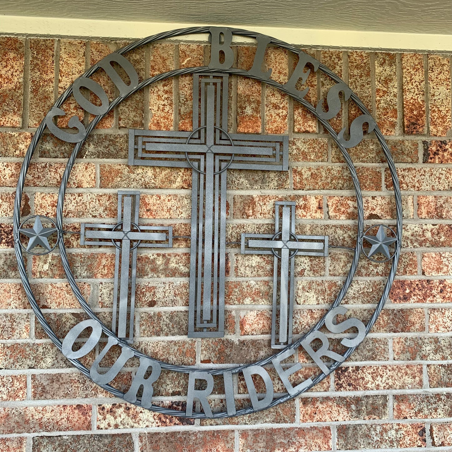 40"GOD BLESS OUR RIDERS CRUCIFIX GREY CROSS METAL WALL ART HANDMADE