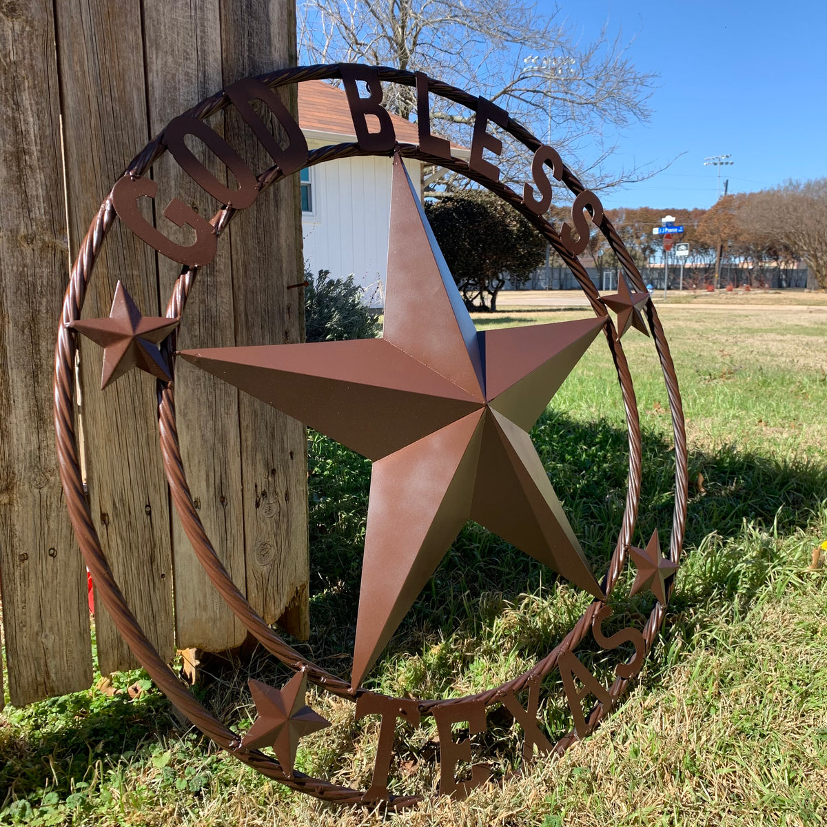 GOD BLESS TEXAS BROWN BARN STAR METAL LONE STAR TWISTED ROPE RING WESTERN HOME DECOR HANDMADE NEW #EH11085