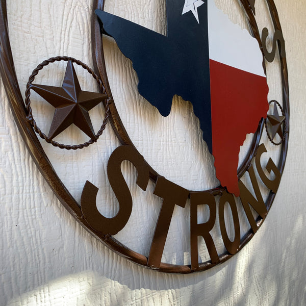 TEXAS STRONG SIGN METAL WALL ART WESTERN HOME DECOR RED WHITE BLUE WITH BRONZE RING HANDMADE #EH13212