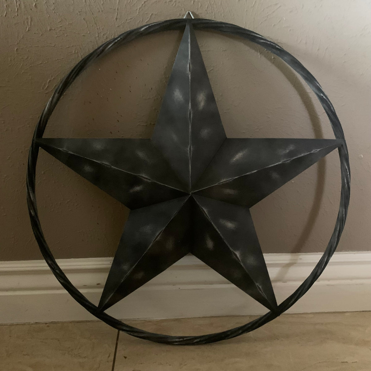 RUSTIC BLACK DISTRESSED TWO TONE BARN LONE STAR ROPE RING METAL WALL ART WESTERN HOME DECOR HANDMADE