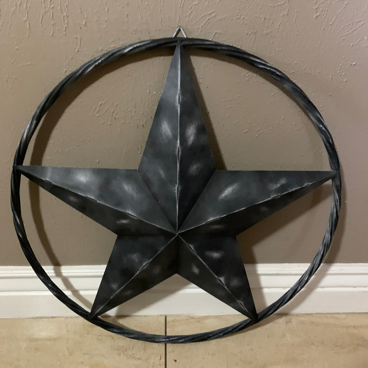 RUSTIC BLACK DISTRESSED TWO TONE BARN LONE STAR ROPE RING METAL WALL ART WESTERN HOME DECOR HANDMADE