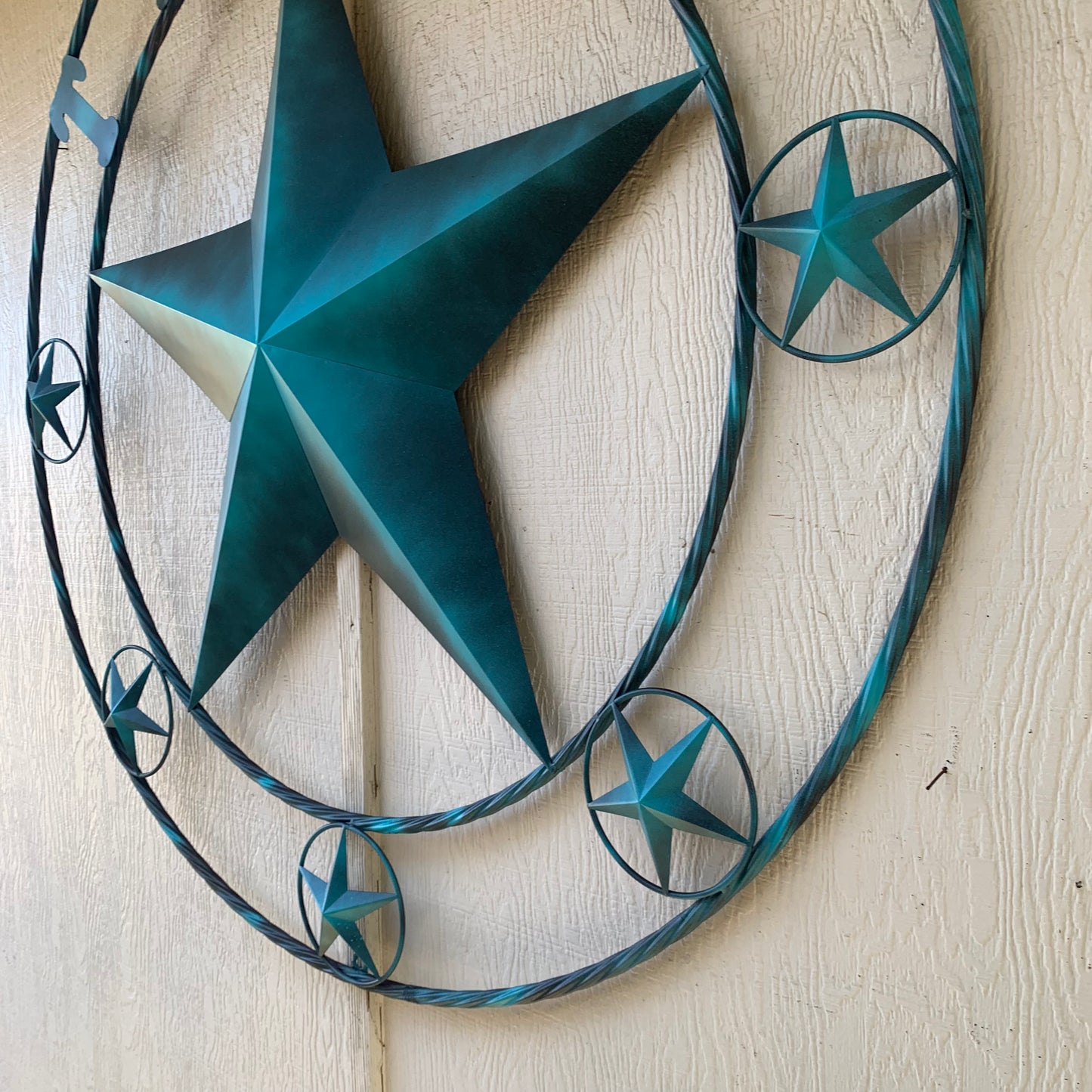 TEXAS LONESTAR TURQUOISE DISTRESSED TWO TONE METAL BARN STAR TWISTED ROPE RING WALL ART WESTERN HOME DECOR HANDMADE NEW #EH10483