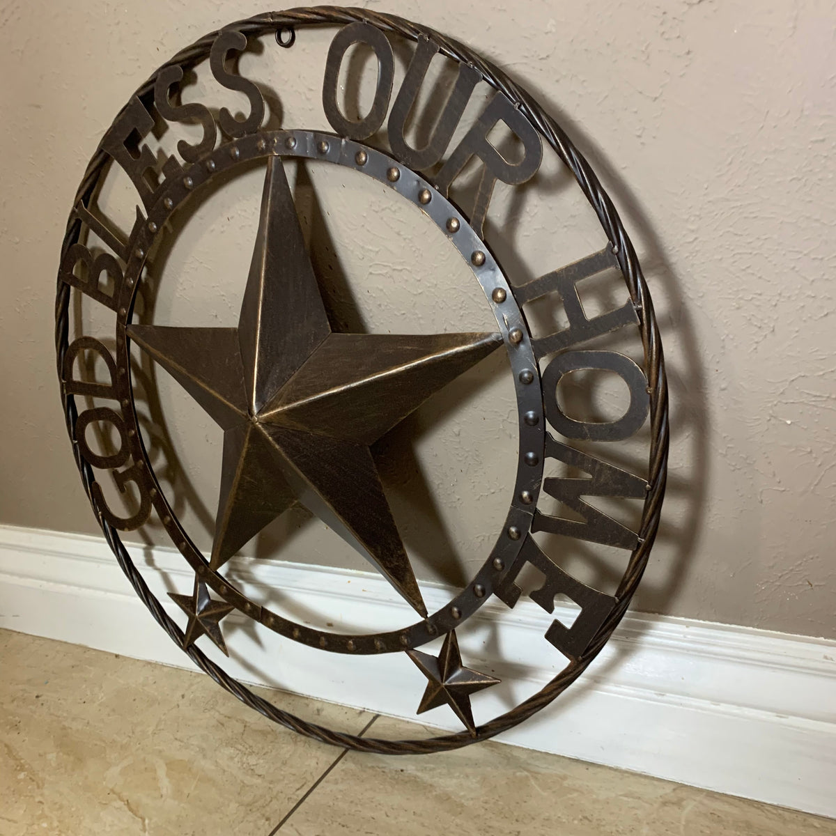 24" GOD BLESS OUR HOME BEADED STAR COLIBROX METAL TWISTED ROPE RING LONE STAR WALL ART WESTERN HOME DECOR RUSTIC DARK BRONZE COPPER HANDMADE NEW