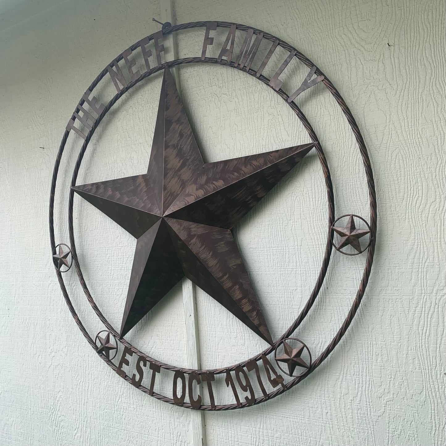 COLOMINA STYLE YOUR CUSTOM NAME BARN STAR BRONZE BRUSH COPPER METAL STAR 3d TWISTED ROPE RING COLOMINA WESTERN HOME DECOR RUSTIC VINTAGE HANDMADE 24",32",36",40",42",44",46",50"