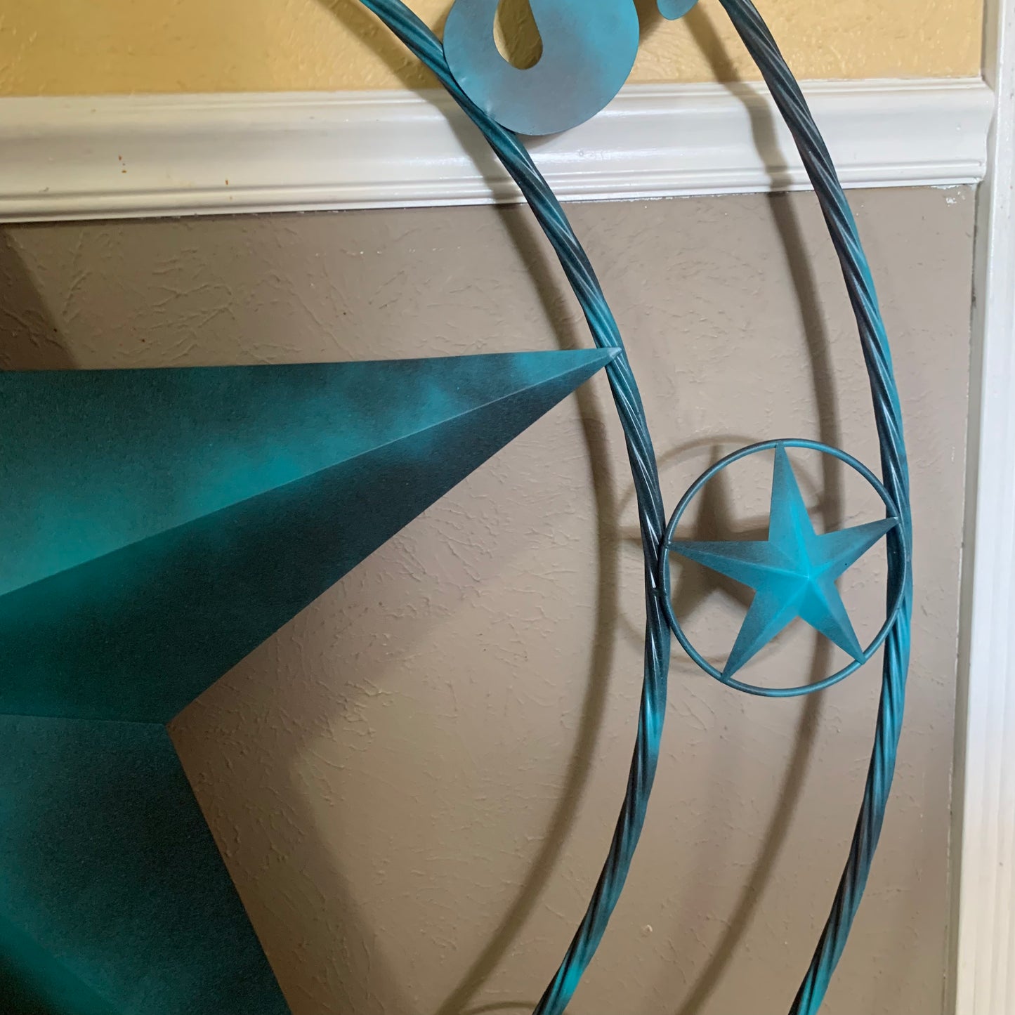 TEXAS LONESTAR TURQUOISE DISTRESSED TWO TONE METAL BARN STAR TWISTED ROPE RING WALL ART WESTERN HOME DECOR HANDMADE NEW #EH10483