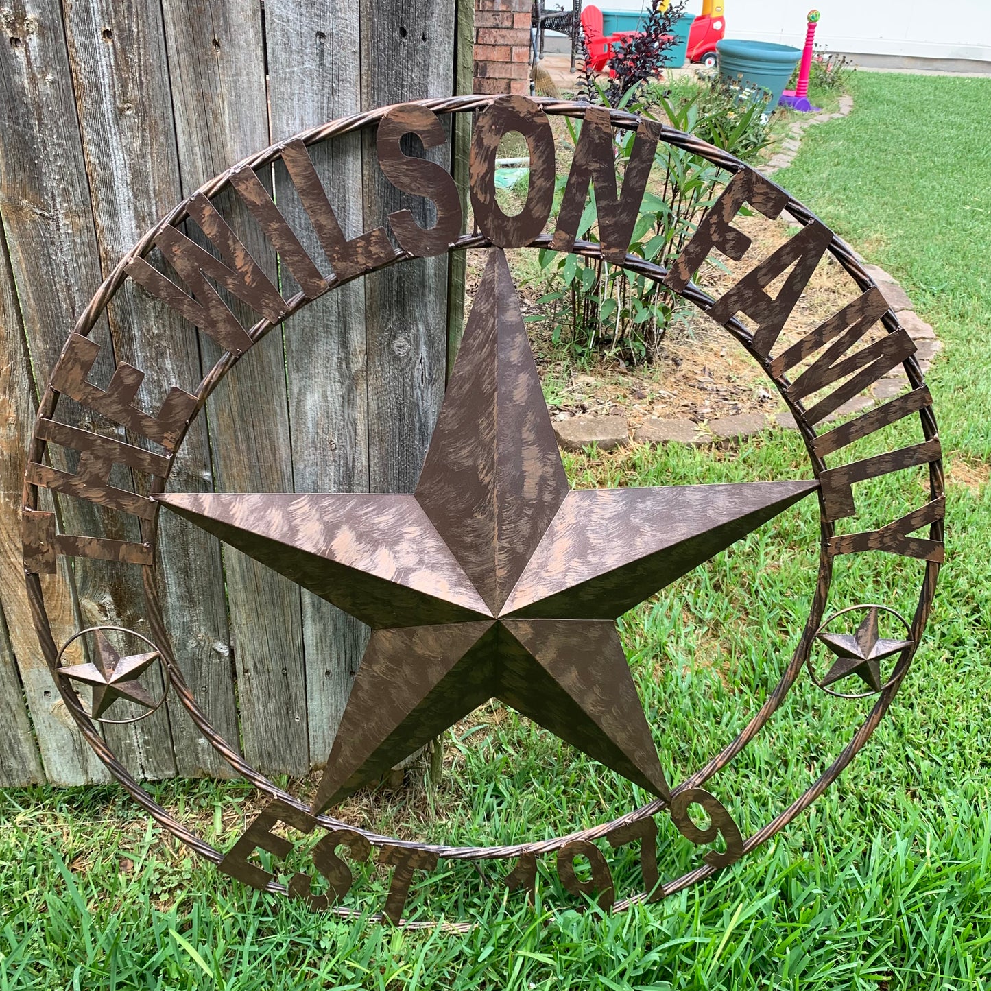 COLOMINA STYLE YOUR CUSTOM NAME BARN STAR BRONZE BRUSH COPPER METAL STAR 3d TWISTED ROPE RING COLOMINA WESTERN HOME DECOR RUSTIC VINTAGE HANDMADE 24",32",36",40",42",44",46",50"