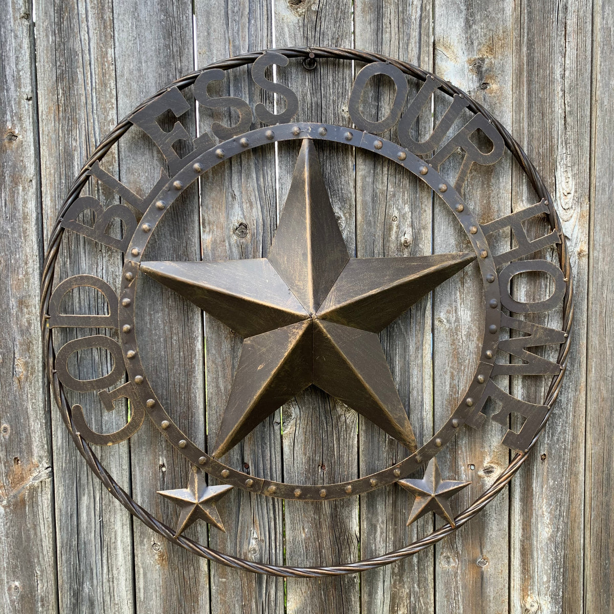 24" GOD BLESS OUR HOME BEADED STAR COLIBROX METAL TWISTED ROPE RING LONE STAR WALL ART WESTERN HOME DECOR RUSTIC DARK BRONZE COPPER HANDMADE NEW