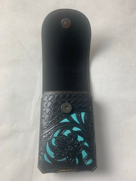 #LG1006 7" LONE STAR BLACK & TURQUOISE LEATHER POUCH EXTRA LARGE  BELT LOOP HOLSTER CELL PHONE CASE UNIVERSAL OVERSIZE--FREE SHIPPING