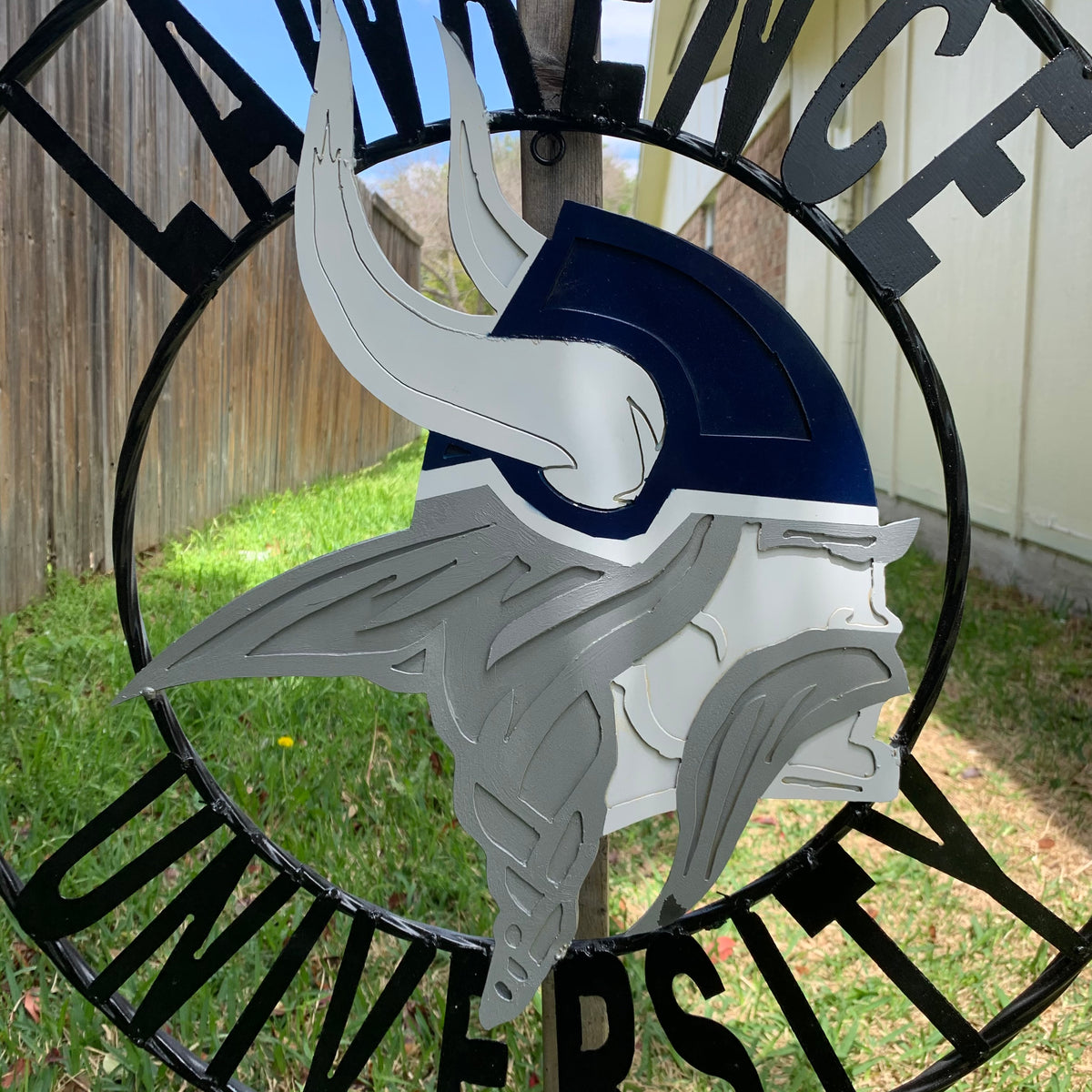 LAWRENCE UNIVERSITY METAL CUSTOM VINTAGE CRAFT WALL ART RUSTIC BLUE SILVER WHITE TEAM SIGN HANDMADE