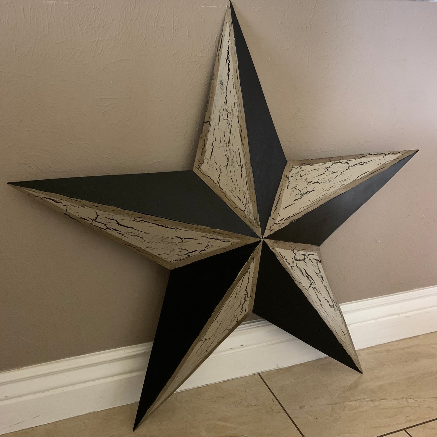 CRACKLE STYLE BEIGE & BLACK METAL BARN STAR METAL WALL ART WESTERN HOME DECOR RUSTIC NEW