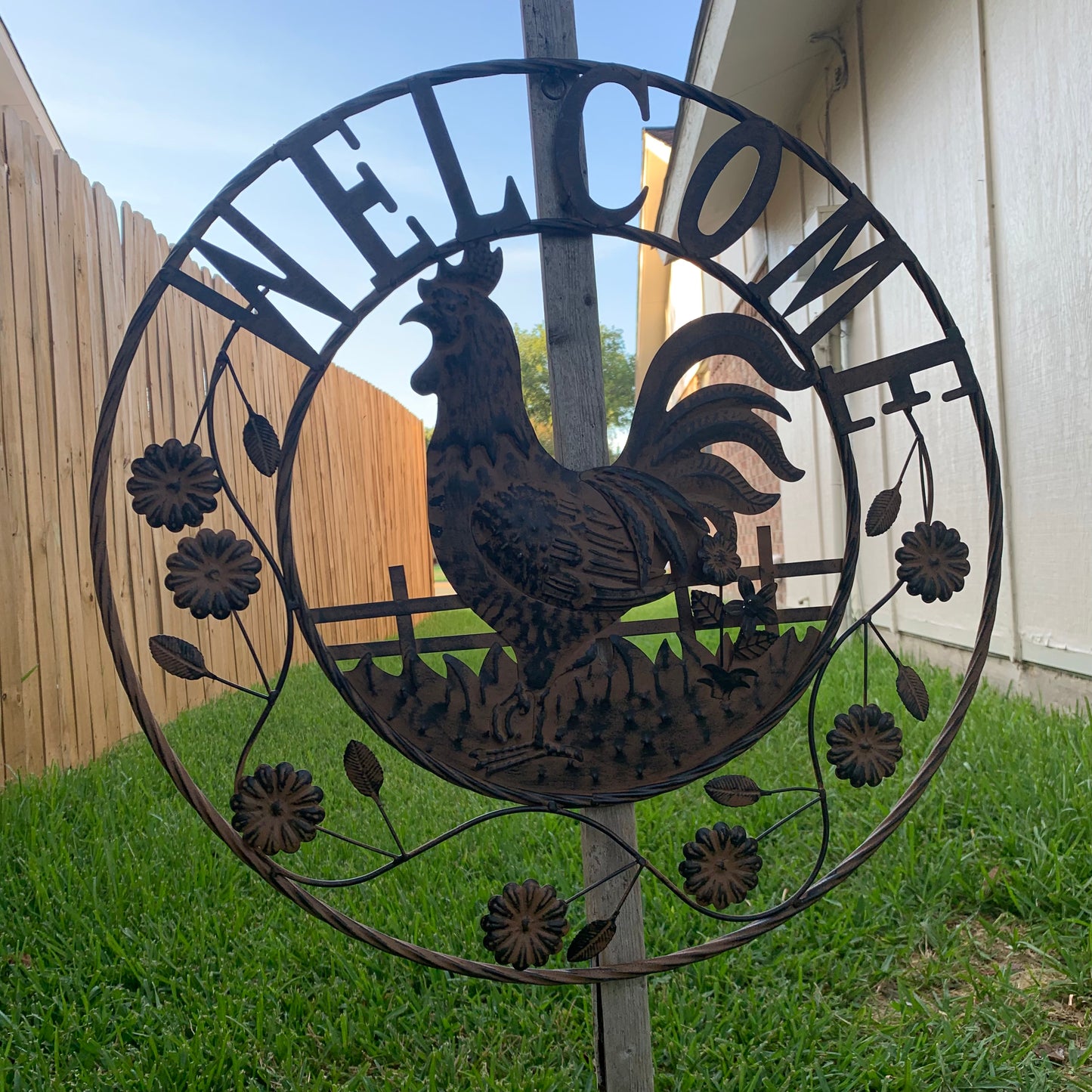 #EH11437 ROOSTER WELCOME 24" SCROLL ART METAL SIGN WESTERN HOME DECOR NEW
