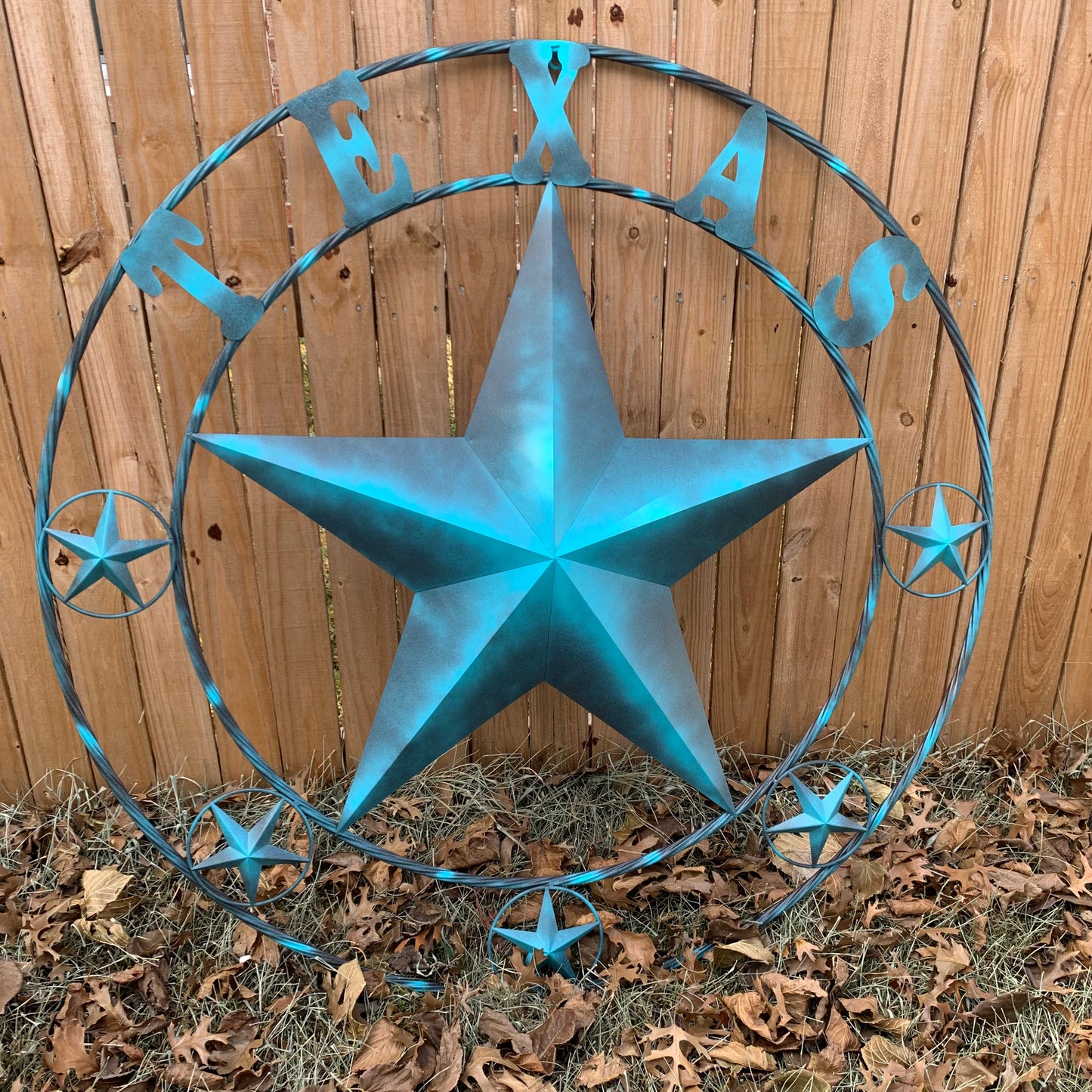 TEXAS LONESTAR TURQUOISE DISTRESSED TWO TONE METAL BARN STAR TWISTED ROPE RING WALL ART WESTERN HOME DECOR HANDMADE NEW #EH10483