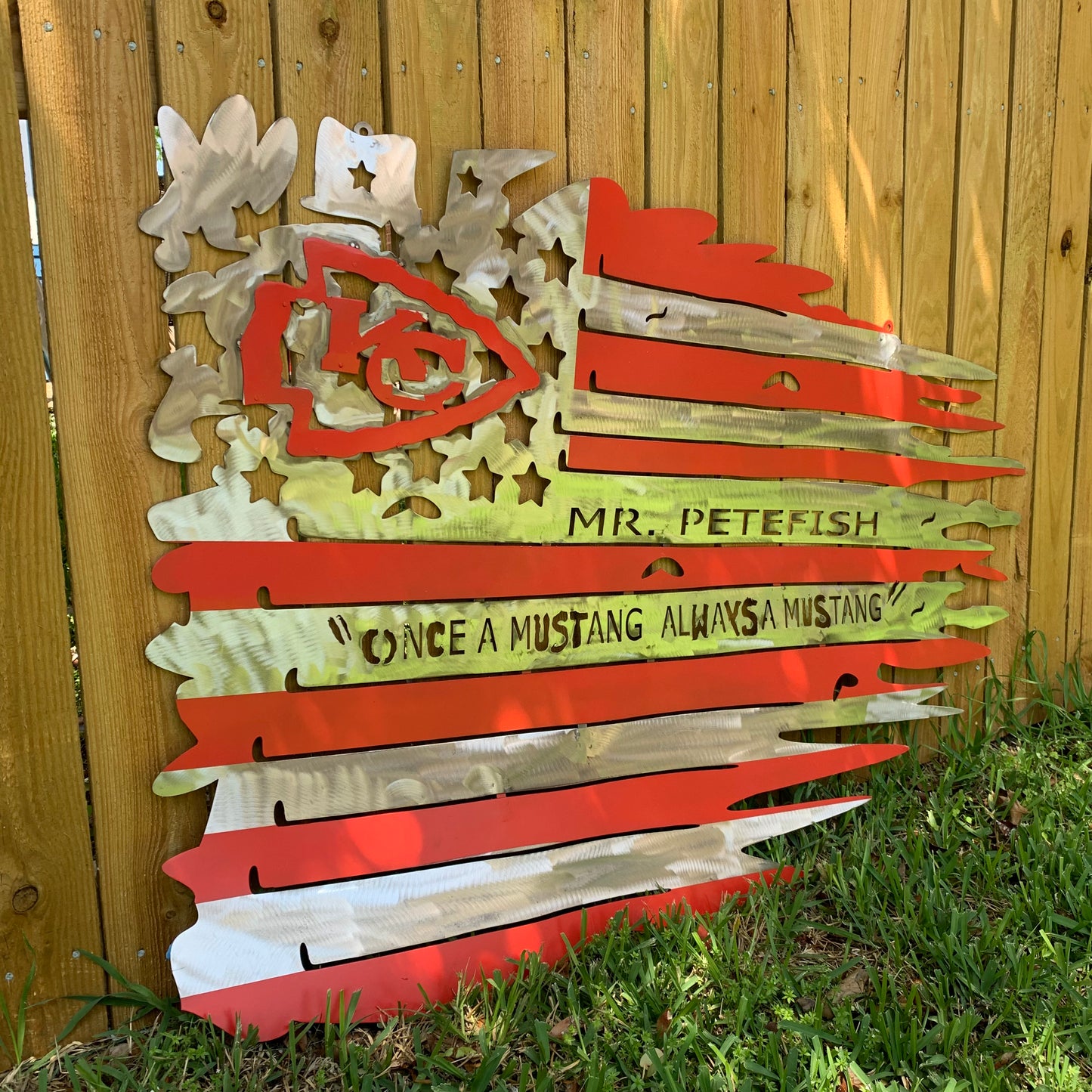 CUSTOM NAME KANSAS CITY CHIEFS METAL TATTERED FLAG CUSTOM VINTAGE CRAFT WALL ART HANDMADE