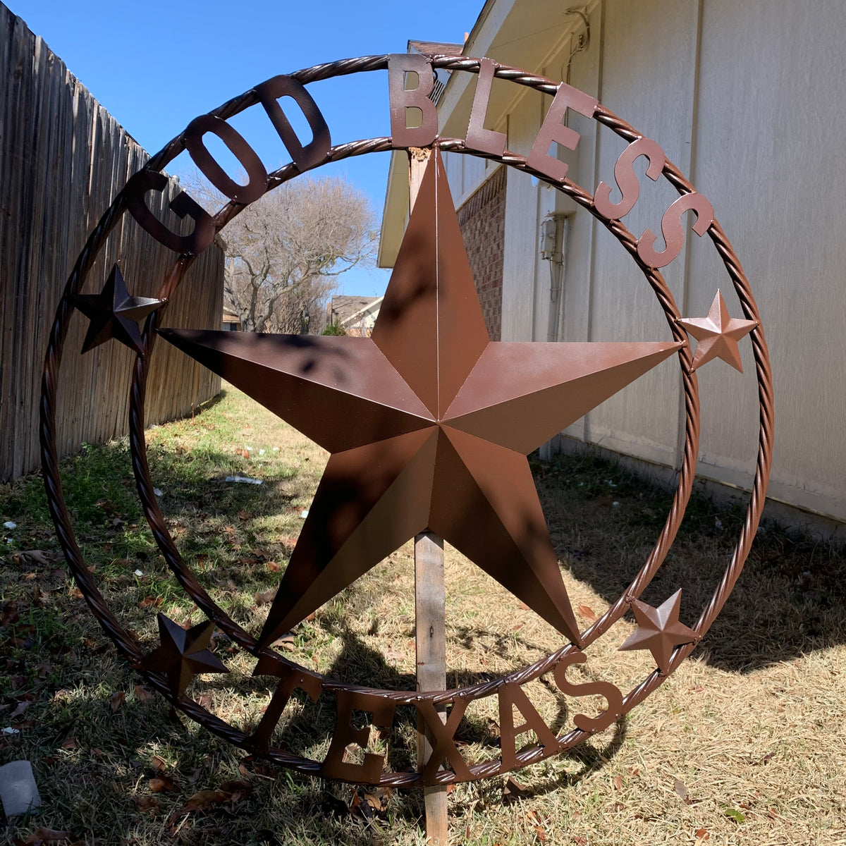 GOD BLESS TEXAS BROWN BARN STAR METAL LONE STAR TWISTED ROPE RING WESTERN HOME DECOR HANDMADE NEW #EH11085