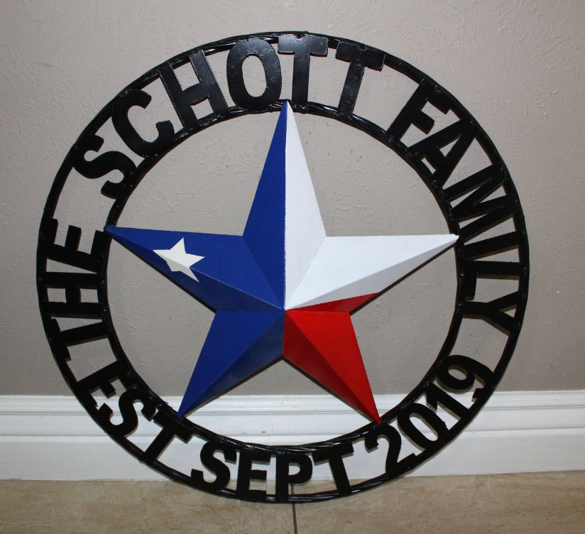 SCHOTT STYLE YOUR CUSTOM NAME STAR METAL BARN 3d RED WHITE BLUE WITH BLACK TWIST ROPE RING WESTERN HOME DECOR HANDMADE, 24",32",34",36",40",42",44", 46",48",50"