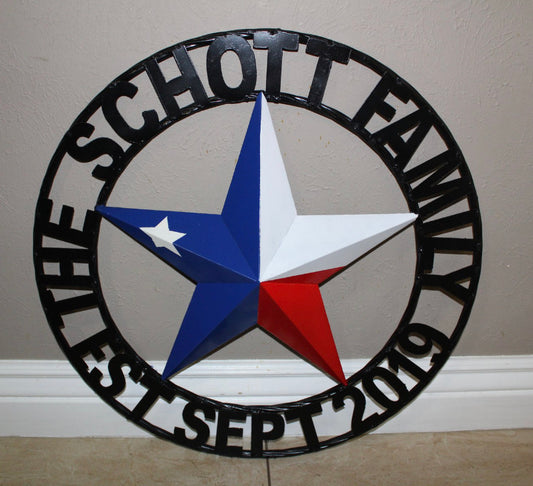 SCHOTT STYLE YOUR CUSTOM NAME STAR METAL BARN 3d RED WHITE BLUE WITH BLACK TWIST ROPE RING WESTERN HOME DECOR HANDMADE, 24",32",34",36",40",42",44", 46",48",50"