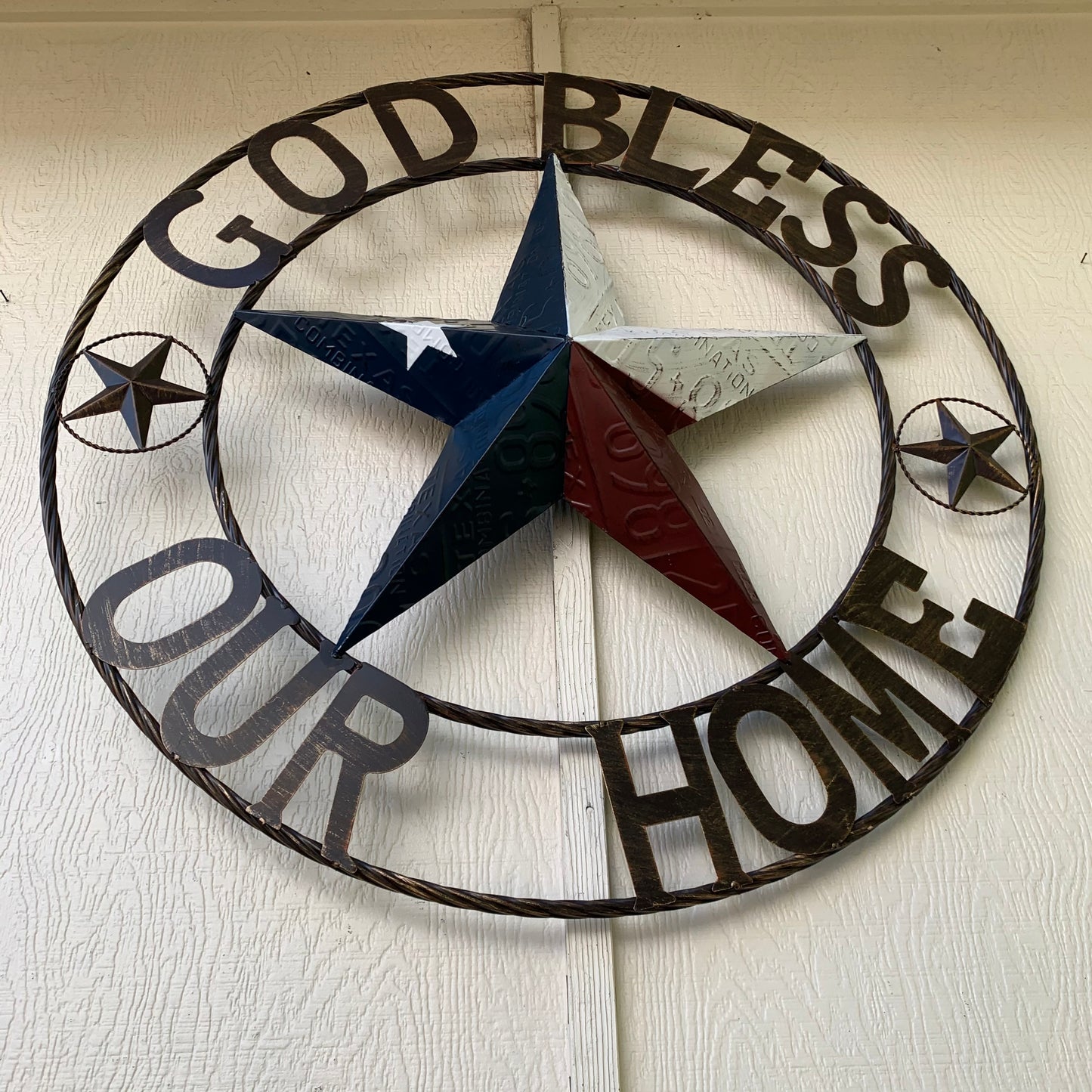 GOD BLESS OUR HOME LICENSE PLATE BARN METAL STAR ROPE RING WALL ART WESTERN HOME DECOR RED WHITE BLUE HANDMADE #EH12927