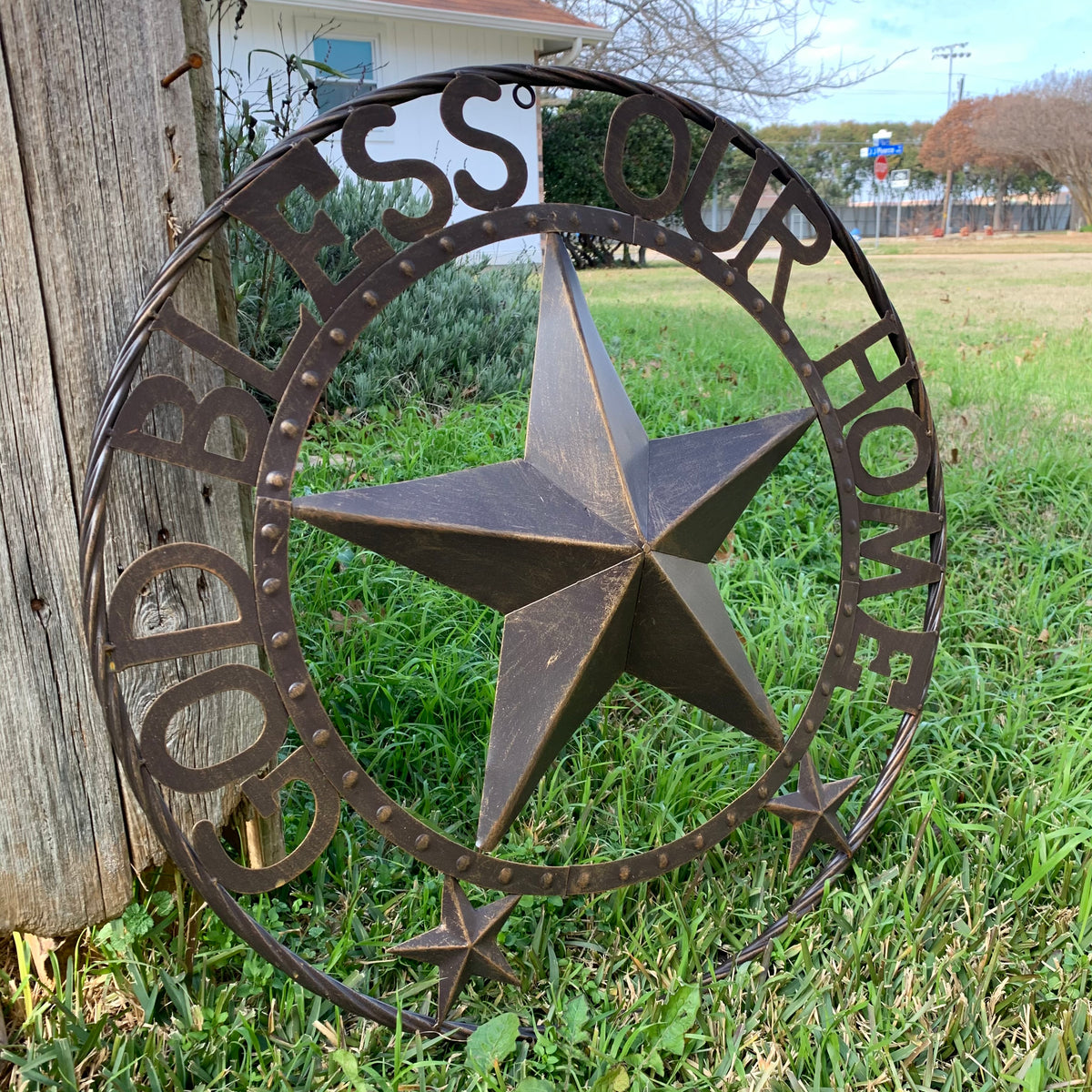 24" GOD BLESS OUR HOME BEADED STAR COLIBROX METAL TWISTED ROPE RING LONE STAR WALL ART WESTERN HOME DECOR RUSTIC DARK BRONZE COPPER HANDMADE NEW