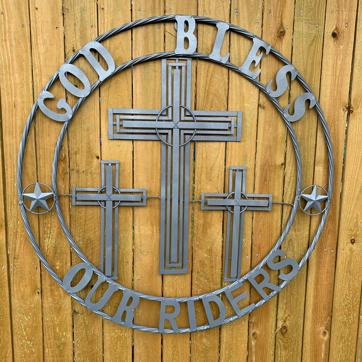 40"GOD BLESS OUR RIDERS CRUCIFIX GREY CROSS METAL WALL ART HANDMADE
