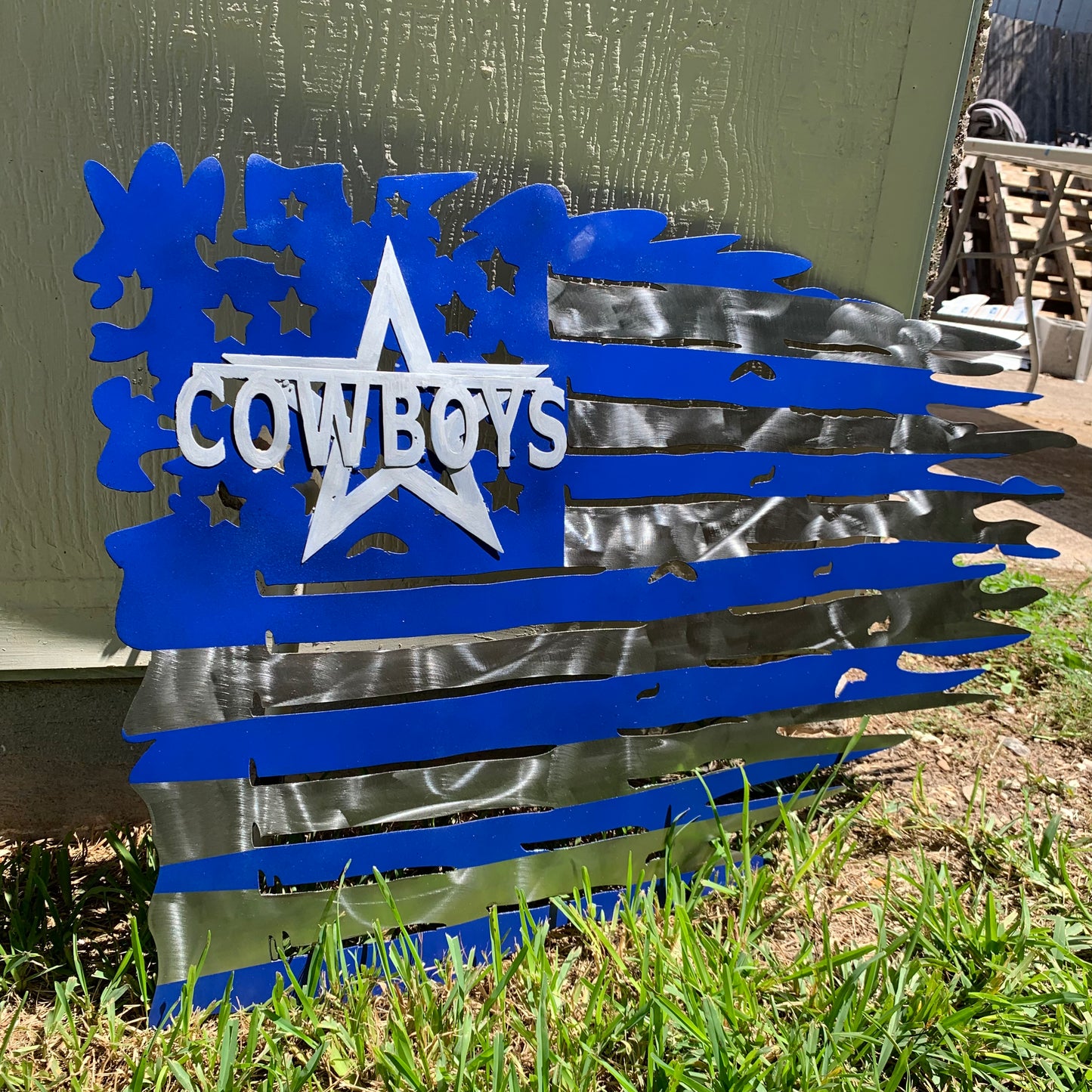 DALLAS COWBOYS METAL TATTERED FLAG BRIGHT BLUE & SILVER CUSTOM VINTAGE CRAFT TEAM SIGN HANDMADE