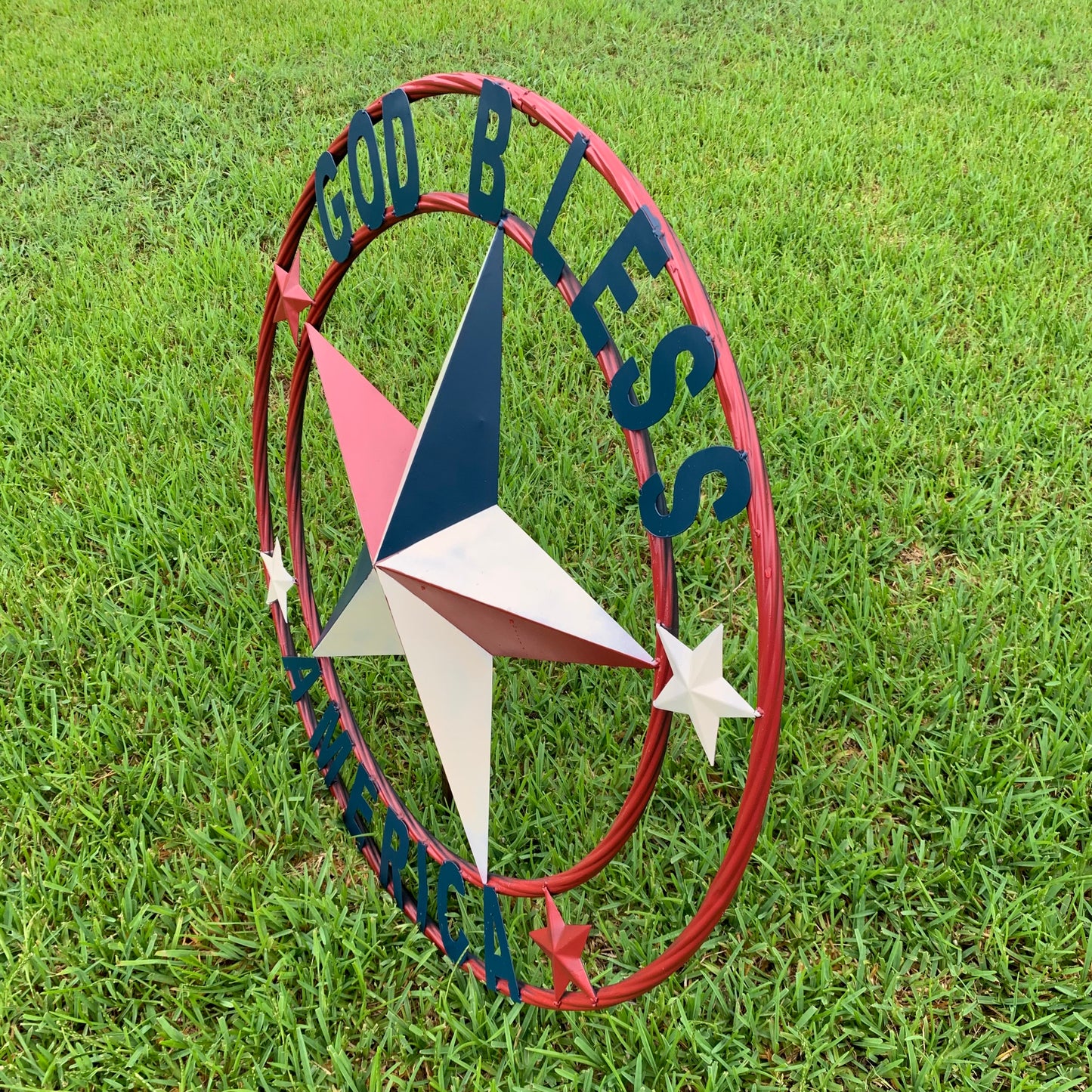 #EH10489 GOD BLESS AMERICA USA FLAG BARN STAR METAL RED WHITE BLUE WESTER HOME DECOR HANDMADE NEW