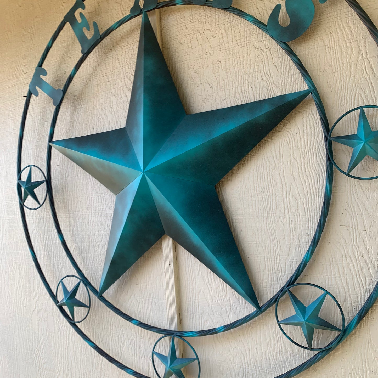 TEXAS LONESTAR TURQUOISE DISTRESSED TWO TONE METAL BARN STAR TWISTED ROPE RING WALL ART WESTERN HOME DECOR HANDMADE NEW #EH10483